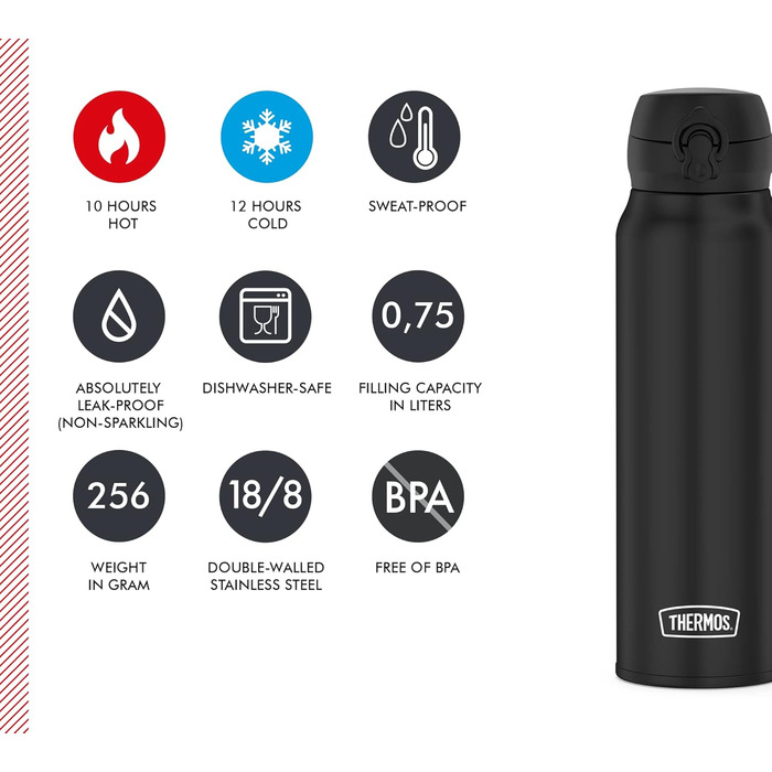 Термос-пляшка THERMOS Ultralight 750 мл чорна матова, з безпечною кришкою, тримає тепло 10 годин/холод 20 годин, нержавіюча сталь, без BPA, для води та напоїв, підходить для посудомийної машини