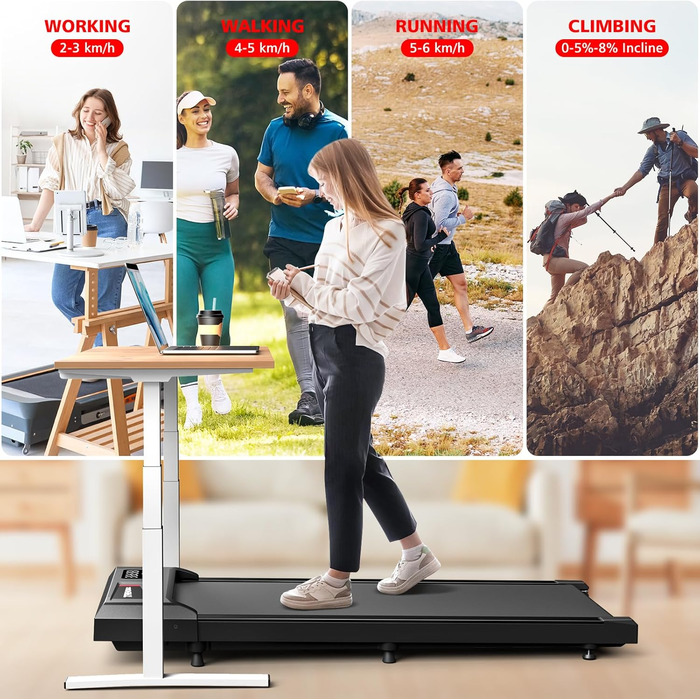 Cardirun Walking Pad: Біговий доріжка з регулюванням нахилу та ручками, 2-в-1 для дому, 2.5HP, до 136KG, портативна з LED-дисплеєм, керуванням через додаток/пульт (Чорний без підлокітників)