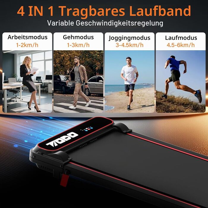 Дорожка для ходьби TODO Walking Pad, компактна бігова доріжка з нахилом для дому та офісу, швидкість 1–6 км/год, чорна