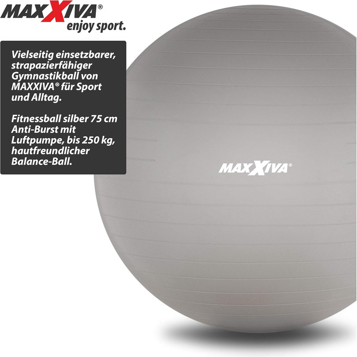 Фітбол MAXXIVA 75 см сріблястий, анти-вибух, з насосом, до 250 кг, для йоги, пілатесу, реабілітації та фітнесу