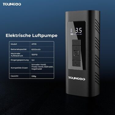 Електричний насос для велосипедів YOUNGDO 150PSI, акумуляторний компресор 6000mAh для всіх вентилів, мотоциклів та м'ячів