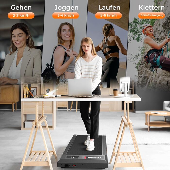 Біговий доріжка для дому з нахилом та страхувальним тросом, 2.5 PS Walking Pad, 8 км/год, 2 в 1 біговий доріжка під стіл для дому та офісу, пульт дистанційного керування, LED дисплей, додаток, голосове керування (Чорний без підлокітників)