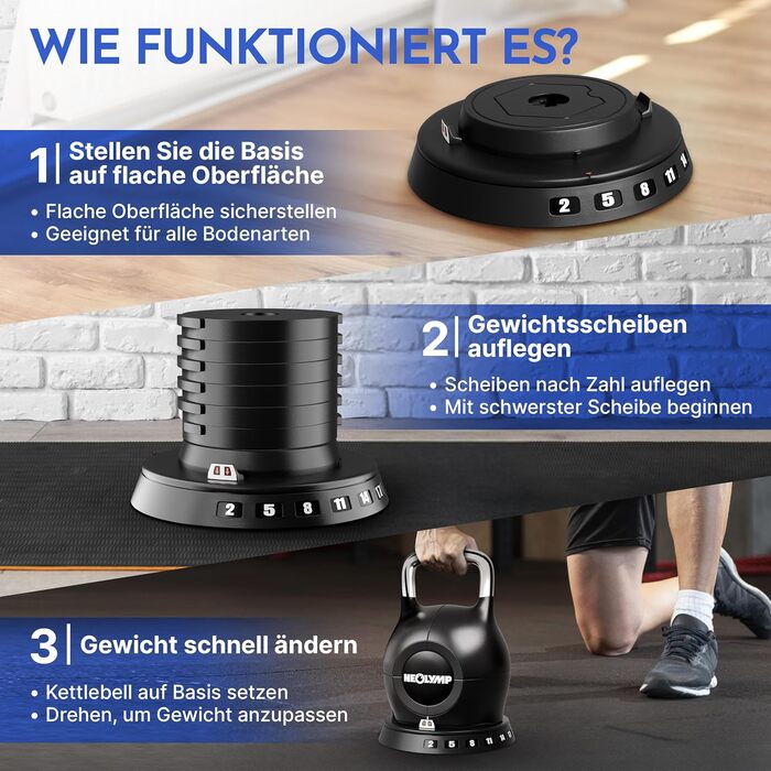 Набір гирь NEOLYMP 2-20 кг (7-в-1) регульовані для тренувань вдома - чавунні гирі з міцною нержавіючою ручкою для ефективних махів