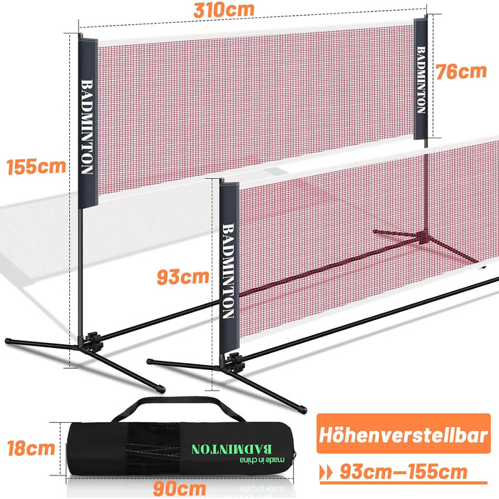 Мережа для бадмінтону та тенісу Icodm портативна, з регульованою висотою, складана для саду, приміщення, вулиці - 3.1 м