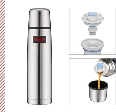 Термос Thermos Light & Compact 1 л, нержавіюча сталь, ізольована пляшка з чашкою, червоний, тримає тепло 12 годин / холод 24 години, герметичний, без BPA, підходить для миття в посудомийці