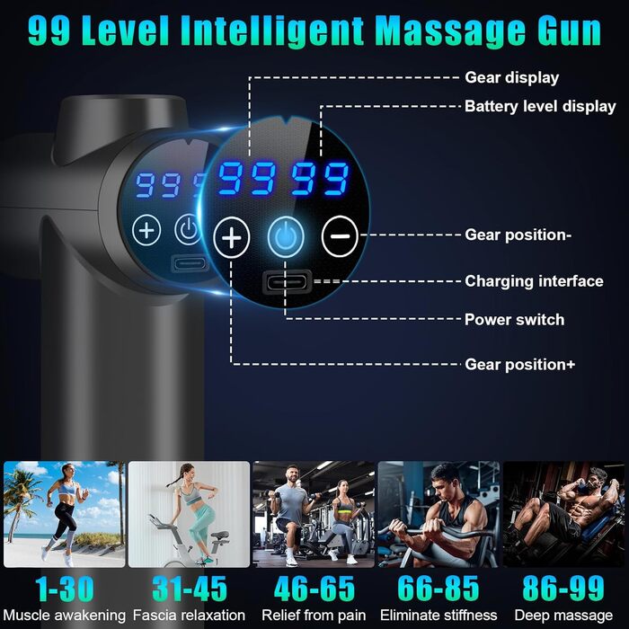 AQXONG Міні масажер для м'язів, портативний електричний масажер з LCD дисплеєм, 99 швидкостей, 8 насадок, тиха робота 35dB, акумуляторний