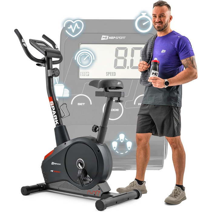 Велотренажер Hop-Sport Spark для дому з комп'ютером і пульсометром, 8 рівнів навантаження, маховик 9 кг, максимальна вага 120 кг