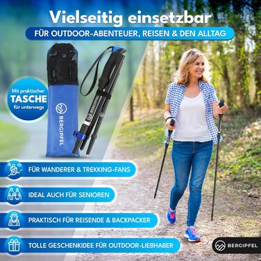 Тeleskopні трекінгові палиці Bergipfel | Ultraleicht 270g | Складаються до 37 см | Регулюються 115–130 см | Алюмінієві палиці для ходьби з аксесуарами для будь-якої місцевості та сумкою | Для жінок, чоловіків, підлітків
