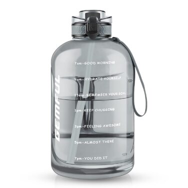 Пляшка спортивна GEMFUL 3л з мітками часу, соломинкою та ручкою, сіра. BPA-free, герметична, для фітнесу, тренувань та активного зволоження
