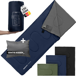 Спальний мішок туристичний з капюшоном до -3°C з подушкою - Outdoor зимовий та літній спальний мішок 3-4 сезони (75 x 220 см) - Гірський спальний мішок для жінок та чоловіків (теплий) Синій 150GSM, без капюшону