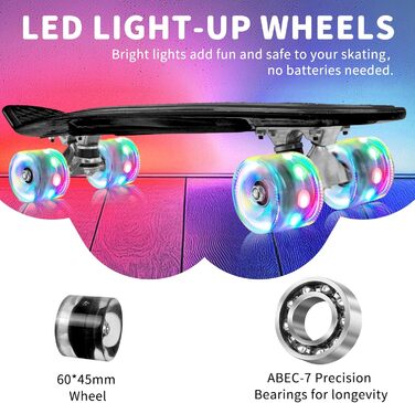 Скейтборд BELEEV 22 дюйми Mini Cruiser з LED колесами та T-інструментом для початківців (Чорний)