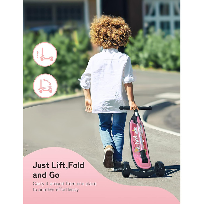 Дитячий самокат Besrey з великими колесами, світлодіодними ліхтарями та регульованою висотою, для дітей 3-8 років (Рожевий, Єдиноріг)