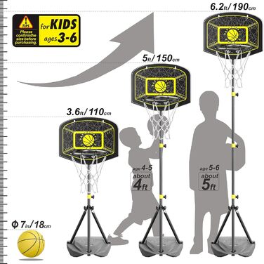 Баскетбольний кошик зі стійкою, комплект. Регульована висота 110-190 см. Ігровий набір для дітей, для гри в приміщенні та на вулиці. Чорно-жовтий колір
