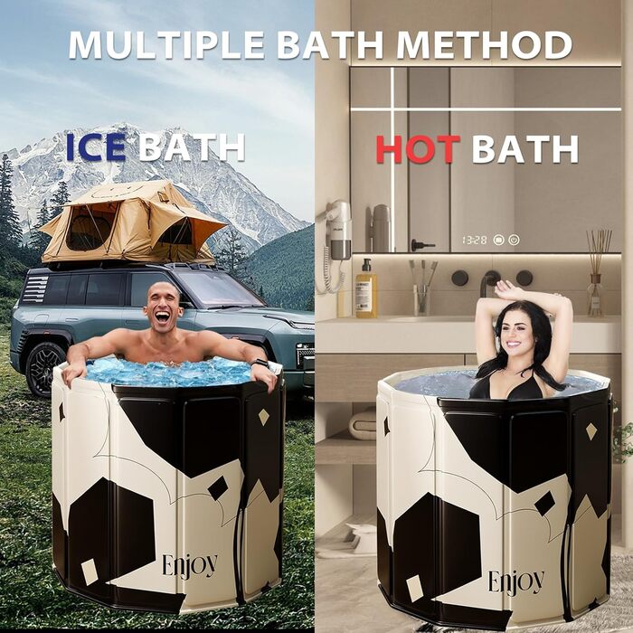 Складана портативна ванна для дорослих STARBRIIANT (80x66 см) — крижана ванна для відновлення м'язів, SPA та спорту, чорно-біла, розмір L