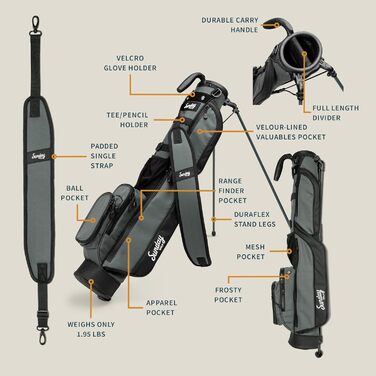 Гольф сумка Sunday Loma: легка, з ременем та стійкою – для пітч-н-пут, Par 3 та Executive курсів, сіра