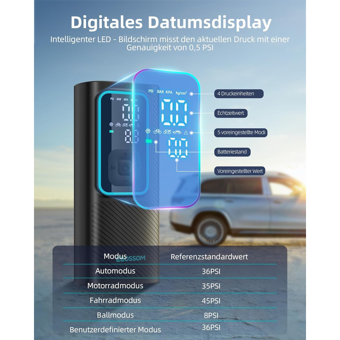 Електрична повітряна помпа 10.3 Bar з акумулятором, компресор Mini 6000mAh & 12V DC, портативна помпа для авто, мотоцикла, велосипеда з LED-підсвічуванням та автоматичним відключенням, блакитна I7