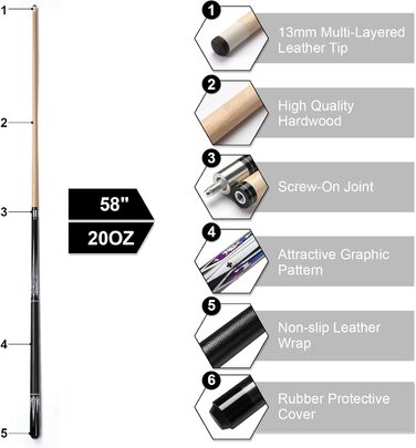 Більярдний кий Pool Queue 58 дюймів, тверде дерево, наконечники 13 мм, для професійних гравців, 1/2 кий, чорний