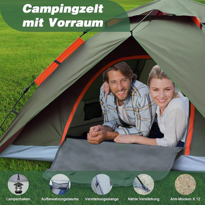 Намет для кемпінгу з тамбуром, намет для 2-4 особи, водонепроникний PU5000, для відпочинку, подорожей, трекінгу, саду, куполоподібний, ультралегкий, рюкзак, 2025, армійний зелений (Pop Up)