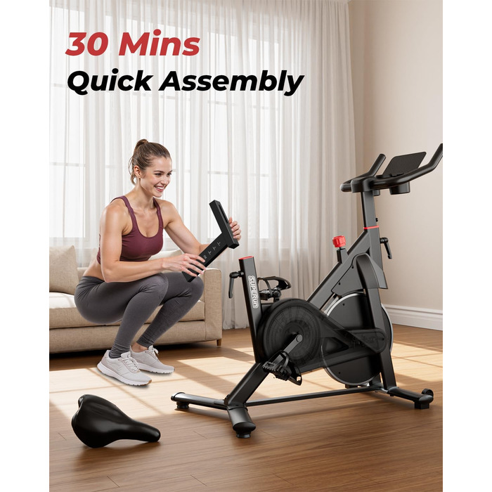 Велотренажер для дому Superun з APP, магнітний опір, 15 кг маховик, ультратихий, чорний