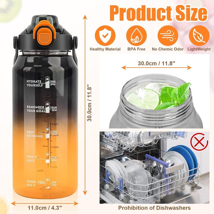 Спортивна пляшка для води MOMSIV 2L з трубочкою та контейнером для фруктів, з позначками часу, чорно-помаранчевого кольору, BPA-Free, для фітнесу, кемпінгу, йоги