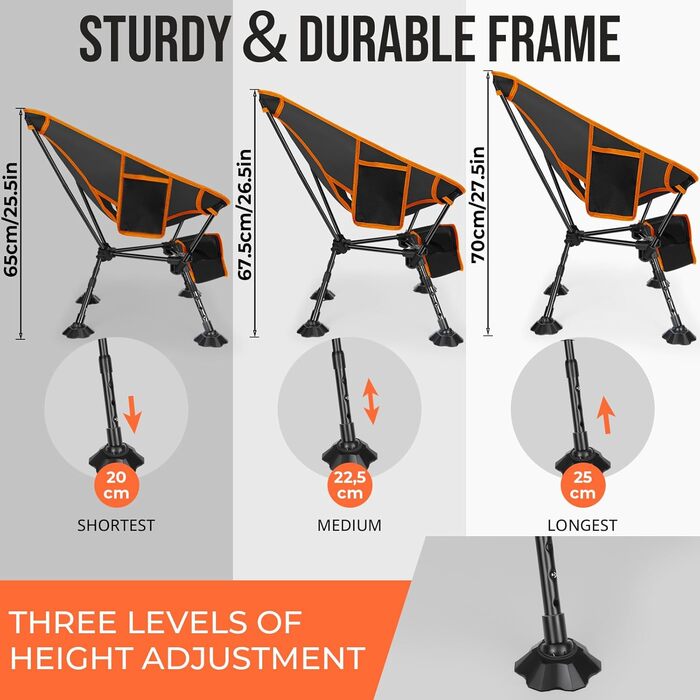 Складний туристичний стілець JONRRYIN з двома кишенями та регулюванням висоти для відпочинку на природі, пікніків та пляжу (чорний/помаранчевий)