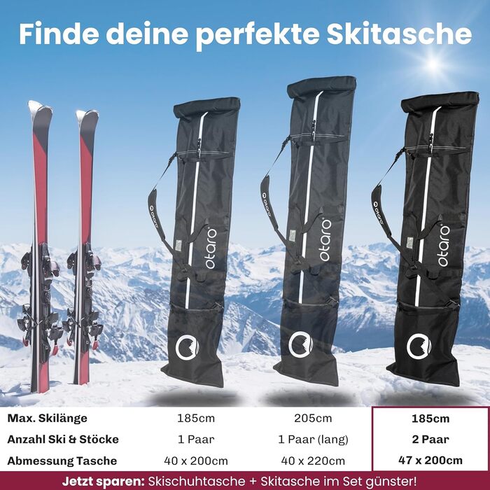 Чохол для лиж Otaro Skitasche: набір для 1 або 2 пар лиж, регульований, водонепроникний, чорний