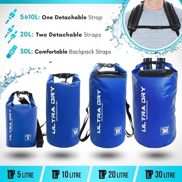 Водонепроникна сумка-мішок Ultra Dry Adventurer 5L з кишенею для телефону та регульованим плечовим ременем для каякінгу, риболовлі, кемпінгу (Блакитна)