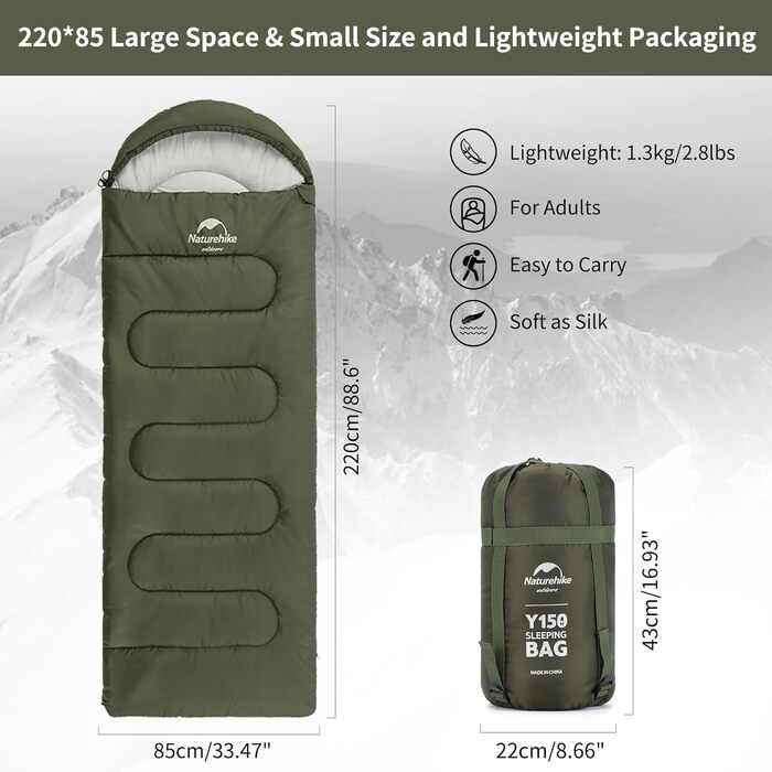 Сплячий мішок Naturehike з капюшоном, ковдровий спальник для кемпінгу, легкий та зручний, ідеальний для відпочинку на природі та подорожей, армійного кольору (7~11°C)
