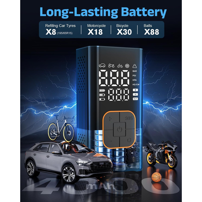 Електрична повітряна помпа, бездротова помпа для шин велосипеда з цифровим манометром (150 PSI), LED-ліхтар, для авто/велосипеда/мотоцикла/м'яча