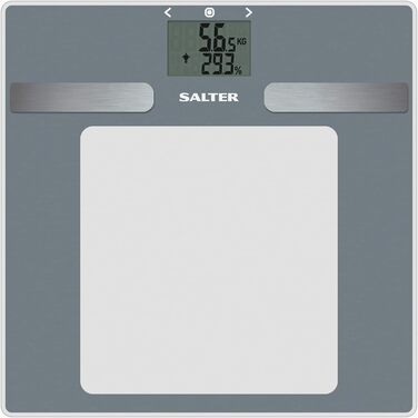 Скляна цифрова вага Salter 9194 SV3R для аналізу тіла, LCD-дисплей, до 180 кг, вимірювання жиру, води, м'язової та кісткової маси, ІМТ, BMR, 10 користувачів, спортивний режим, срібляста