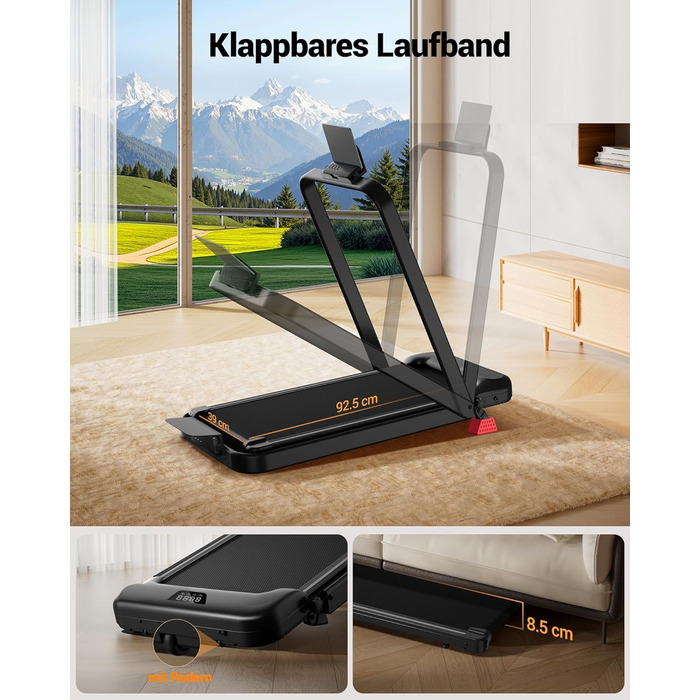 Складана бігова доріжка UMAY для дому з регулюванням нахилу 15%, Walking Pad для ходьби, макс. навантаження 136 кг, з LED-дисплеєм та пультом керування, чорна