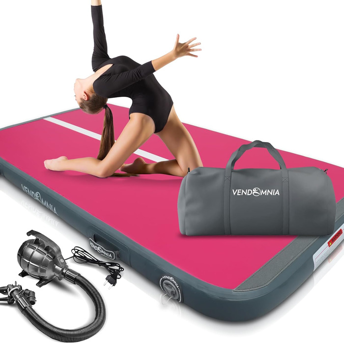 Надувна гімнастична мата VENDOMNIA Airtrack Matte, 10/20 см заввишки, довжиною 1/2/3/4/5/6/7/8 м, з електричним насосом та сумкою. Підходить для гімнастики, акробатики, фітнесу, йоги. Рожево-сірий колір.