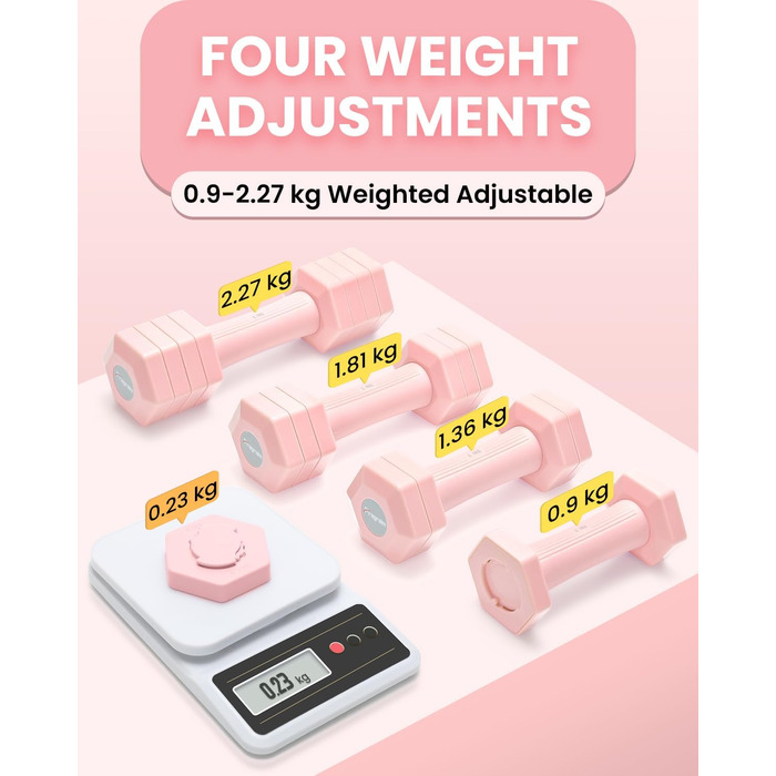 Набір гантелей Fragraim регульовані, 4.54 кг, 4-в-1, для жінок та чоловіків, з м'якими TPR-ручками, для дому, рожевий