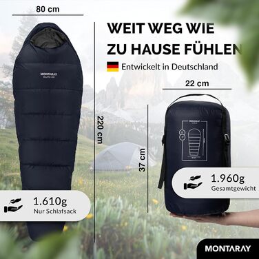 Спальний мішок MONTARAY® Mumienschlafsack для 3-4 сезонів, 8°C до -5°C, з подушкою, 80x220cm, блакитний, для жінок та чоловіків (теплий)