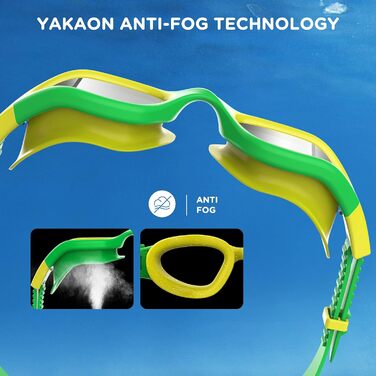 Дитячі поляризовані окуляри для плавання YAKAON A1MINI з антизапотівним покриттям та захистом від УФ, комфортні, для дівчаток і хлопчиків, зелено-сріблясті