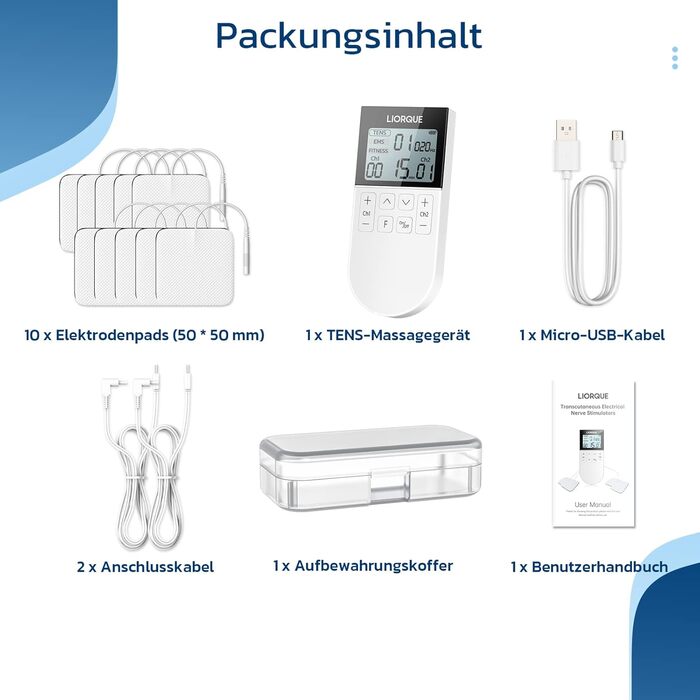 Пристрій TENS EMS Liorque для терапії болю: 3-в-1, 50 режимів, 10 електродів, стимуляція м'язів для рук, ніг, спини, плечей (білий)