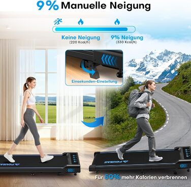 Walking Pad Laufband для дому 4-в-1: біговий стіл з підйомністю 9%, безщітковий двигун 2.5HP, LED-дисплей, пульт дистанційного керування, 12 HIIT-програм, до 150 кг, без встановлення, чорно-синій, з режимом повноекранного відображення