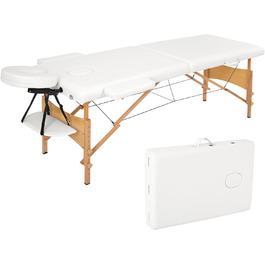 Масажне ліжко Mondeer з 2 зонами, регульована висота, складане, з дерева, для салону краси, з підголовником та підлокітниками (біле)