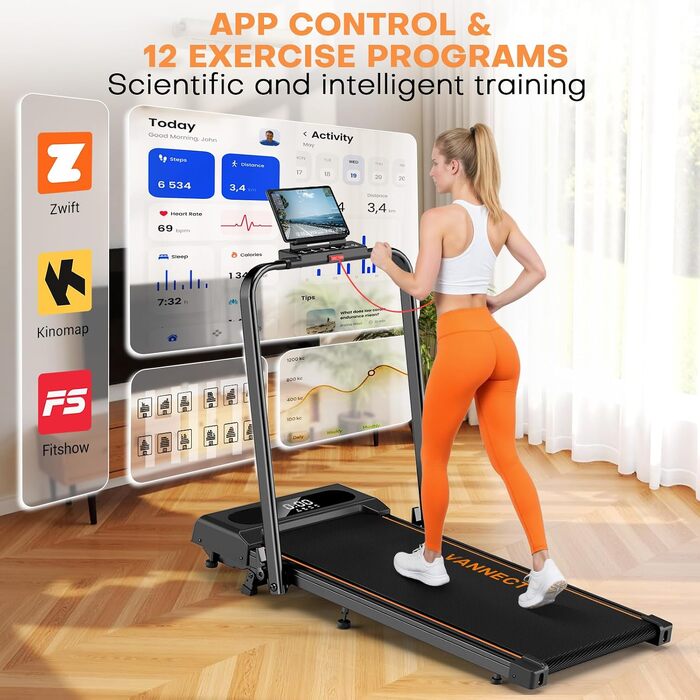 Складана бігова доріжка для дому VANNECT Walking Pad, нахил 9%, швидкість 1-12 км/год, LCD-дисплей, керування через додаток та пульт, максимальна вага 150 кг, помаранчева