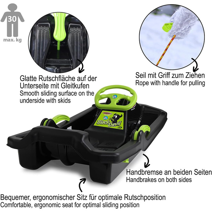 Сніговий санки Bob Black Devil з кермом, гальмом та ручним гальмом, від 3 років, чорний