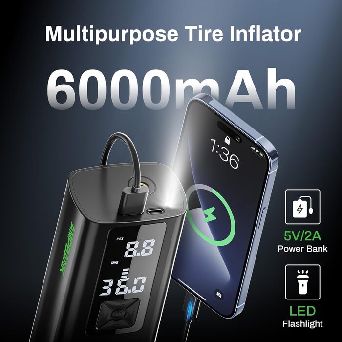 Портативний компресор AMPBank AT003 150PSI, 6000mAh, LED-дисплей, для шин авто, мото, велосипеда, м'ячів