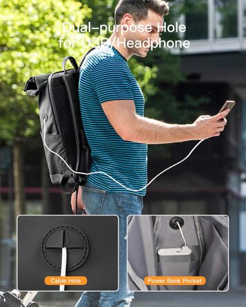 Міський рюкзак Inateck RollTop 25-30 л, чорний, для ноутбука 17'' – універсальний для чоловіків і жінок, велосипедний, шкільний, для університету, роботи, спорту та подорожей
