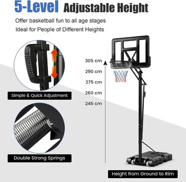 Баскетбольний стенд Komfotteu портативний, регульована висота 245-305 см, вуличний баскетбольний кошик на колесах для молоді та дорослих