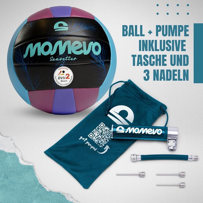 М'яч для волейболу Momevo Beachvolleyball, розмір 5, сертифікований DVV, м'яка поверхня, ідеальний для пляжного та пісочного спорту, в подарунчому наборі з насосом (фіолетовий)