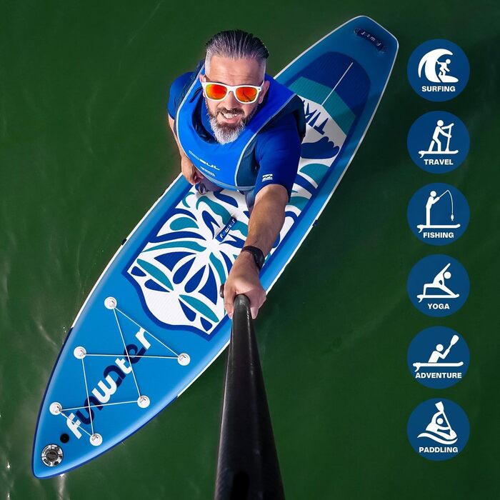Надувний SUP (Stand Up Paddle Board) FunWater 10'6' & 11'6' з аксесуарами: весло, насос, рюкзак, плавники. Підходить для всіх рівнів майстерності. Рожевий та синій кольори.