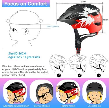 Дитячий шолом для велосипеда з ліхтариком, легкий регульований шолом для дівчаток та хлопчиків 50-56см (від 5-14 років), чорно-червоний