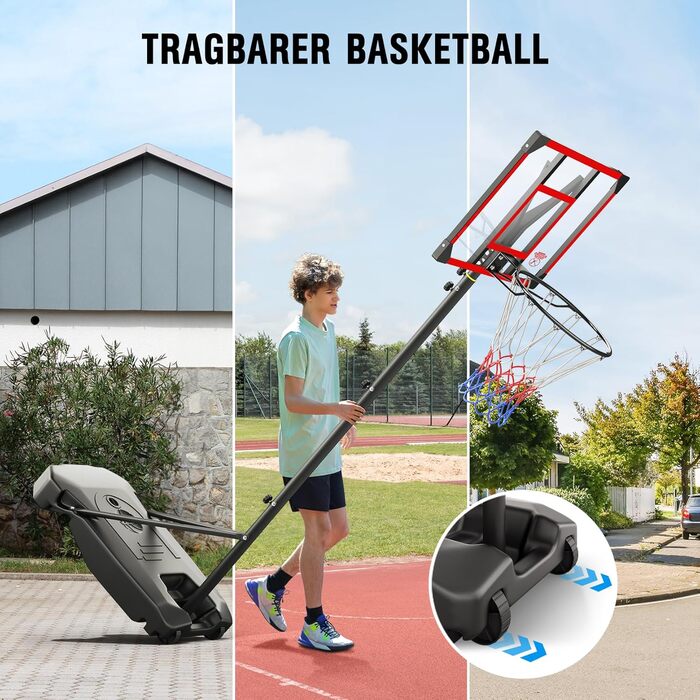 Баскетбольний кошик Outdoor з підставкою, регульована висота 147-260 см, ударостійка задня стінка 82x53 см, збільшений діаметр та колеса, для гри в приміщенні та на вулиці, червоний