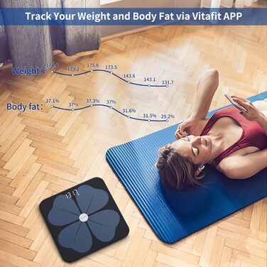 Смарт-вага Vitafit 250 кг, цифрова ваги для людей з вимірюванням ваги та ІМТ, синхронізація через Bluetooth, додаток, 8 мм загартоване скло, широка платформа, чорна