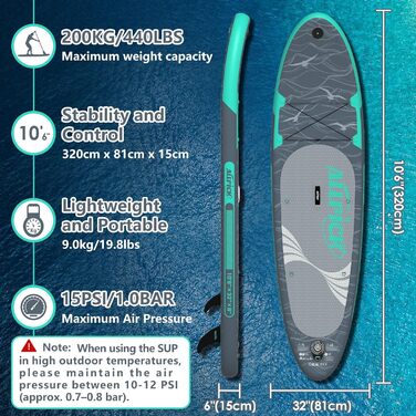 Надувний SUP-борд ALLPICK Premium Set: Комплект для станд-ап паділінгу з аксесуарами, кріпленням для камери та регульованим веслом (200 кг, Сіво-бірюзовий)