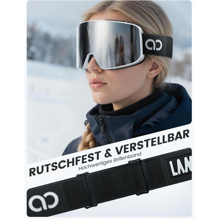 Ламікалл Скі-маска для жінок та чоловіків, сноуборд маска OTG - антизапітніння, дзеркальна, для носіння з окулярами, захист від ультрафіолету UV400, захист від відблисків, білий/срібний каркас (VLT: 8%)
